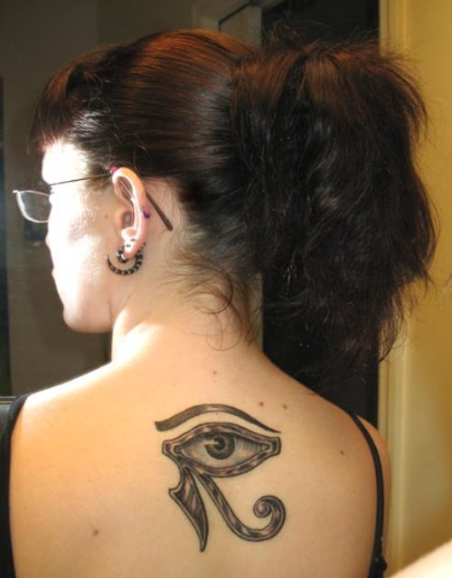 Awesome Grey Ink Horus Eye Tattoo On Upperback